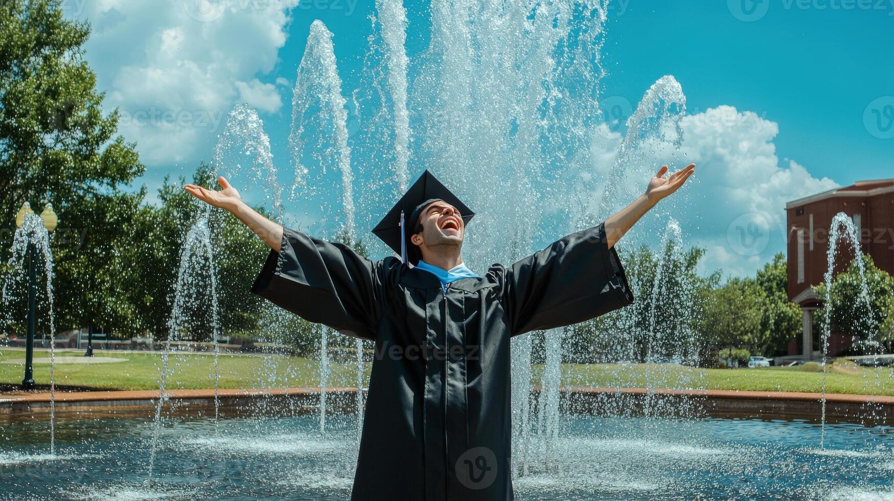 Jubilant graduate celebrates in a fountain's spray. photo