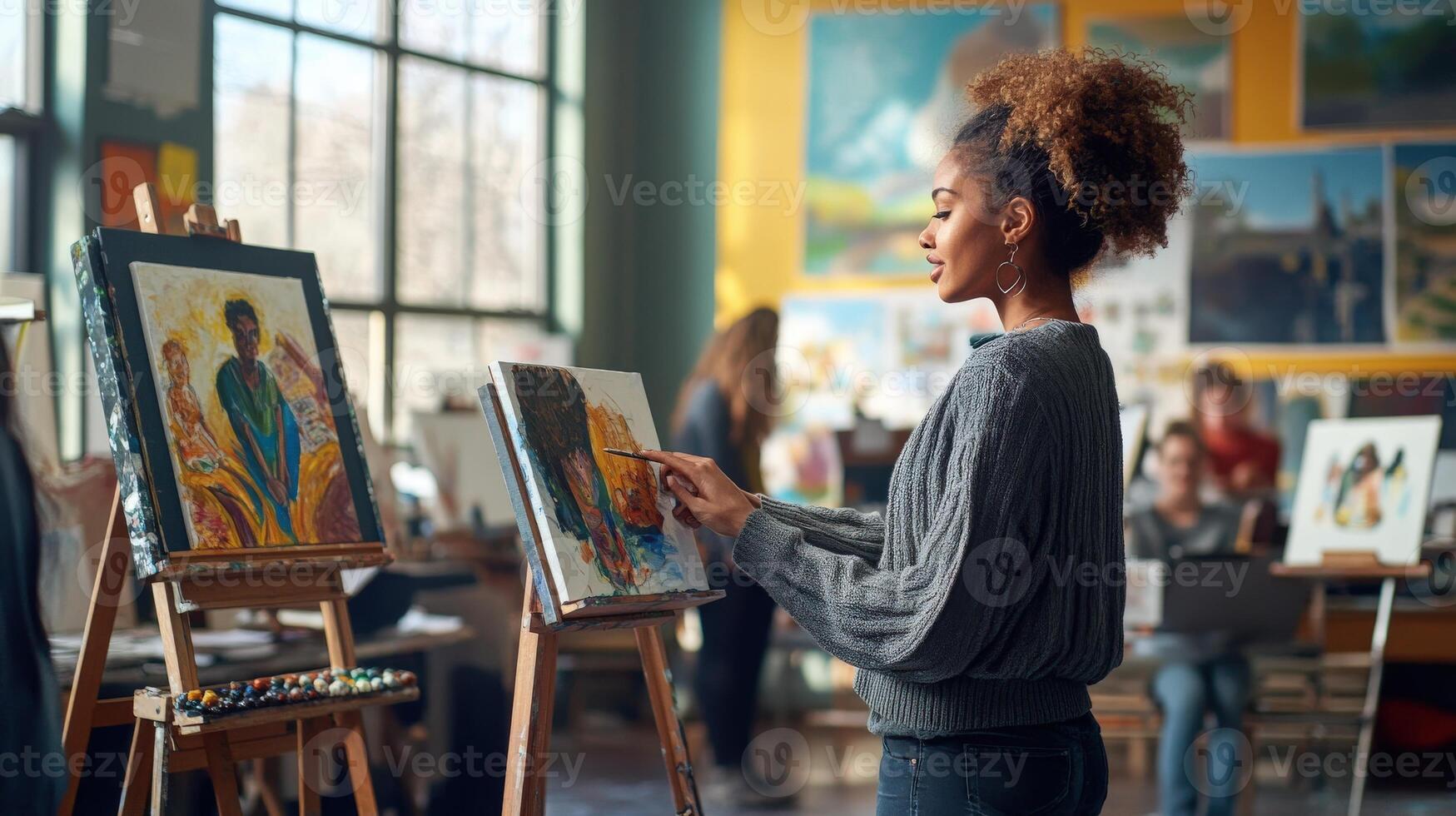 Focused student paints a portrait in a vibrant art . photo