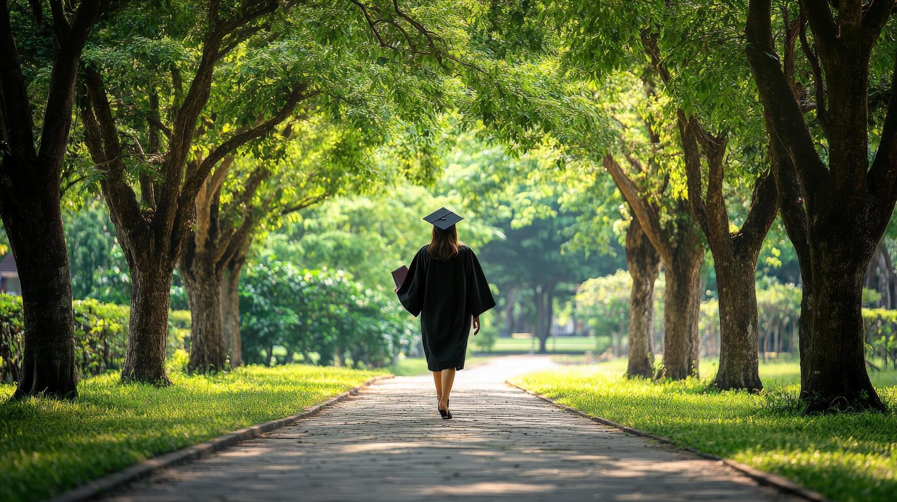 Graduating student walking down a park path lined with trees. photo