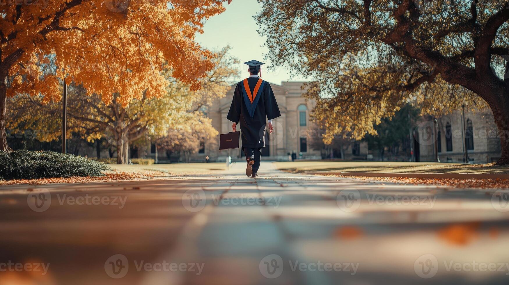 A graduate walks a campus path in autumn. photo