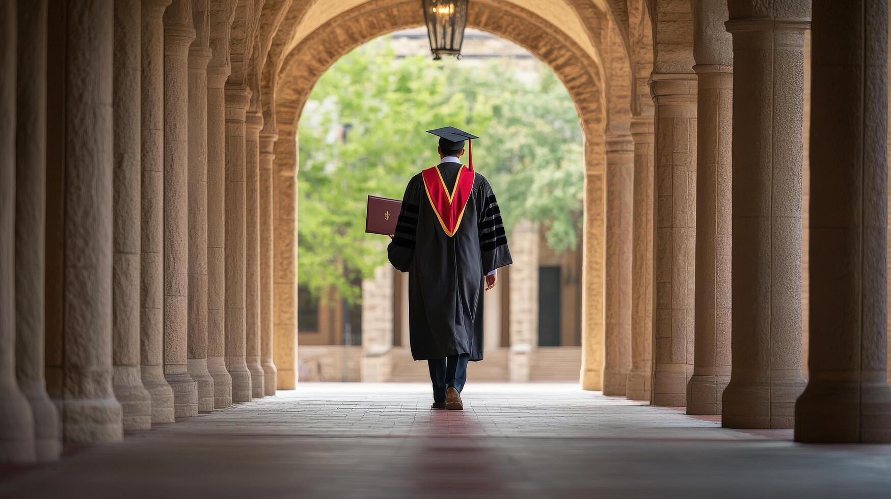 Graduating student walks through an arched colonnade. photo