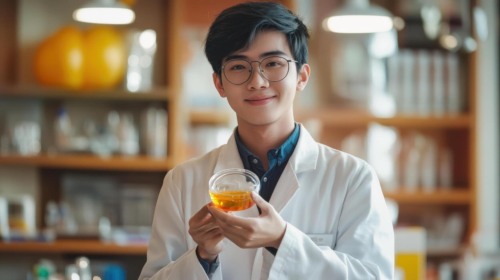 Smiling student scientist holding a clear beverage in a lab setting. photo