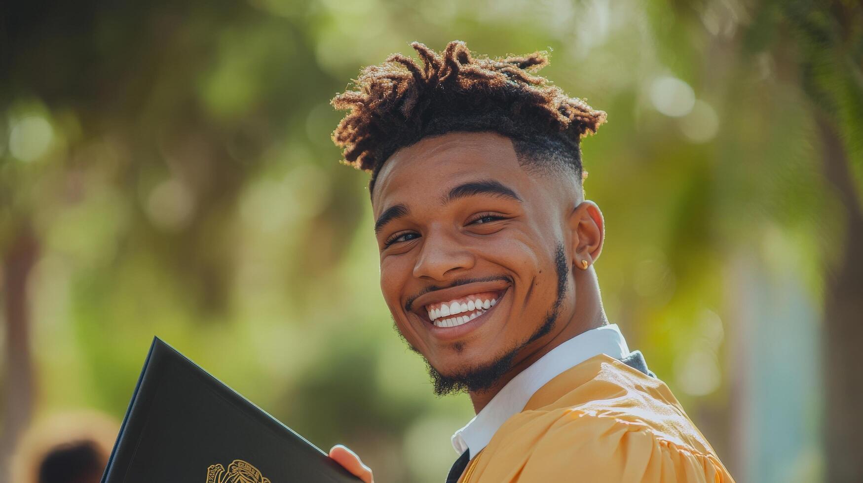 Smiling graduate holding diploma outdoors in sunlight. photo