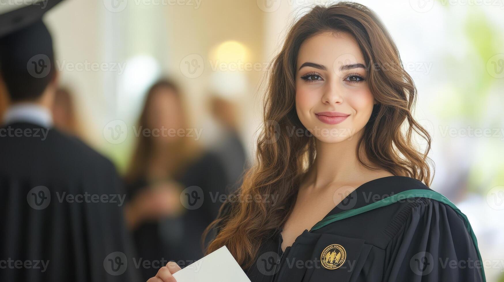 Young woman in graduation gown, smiling confidently. photo
