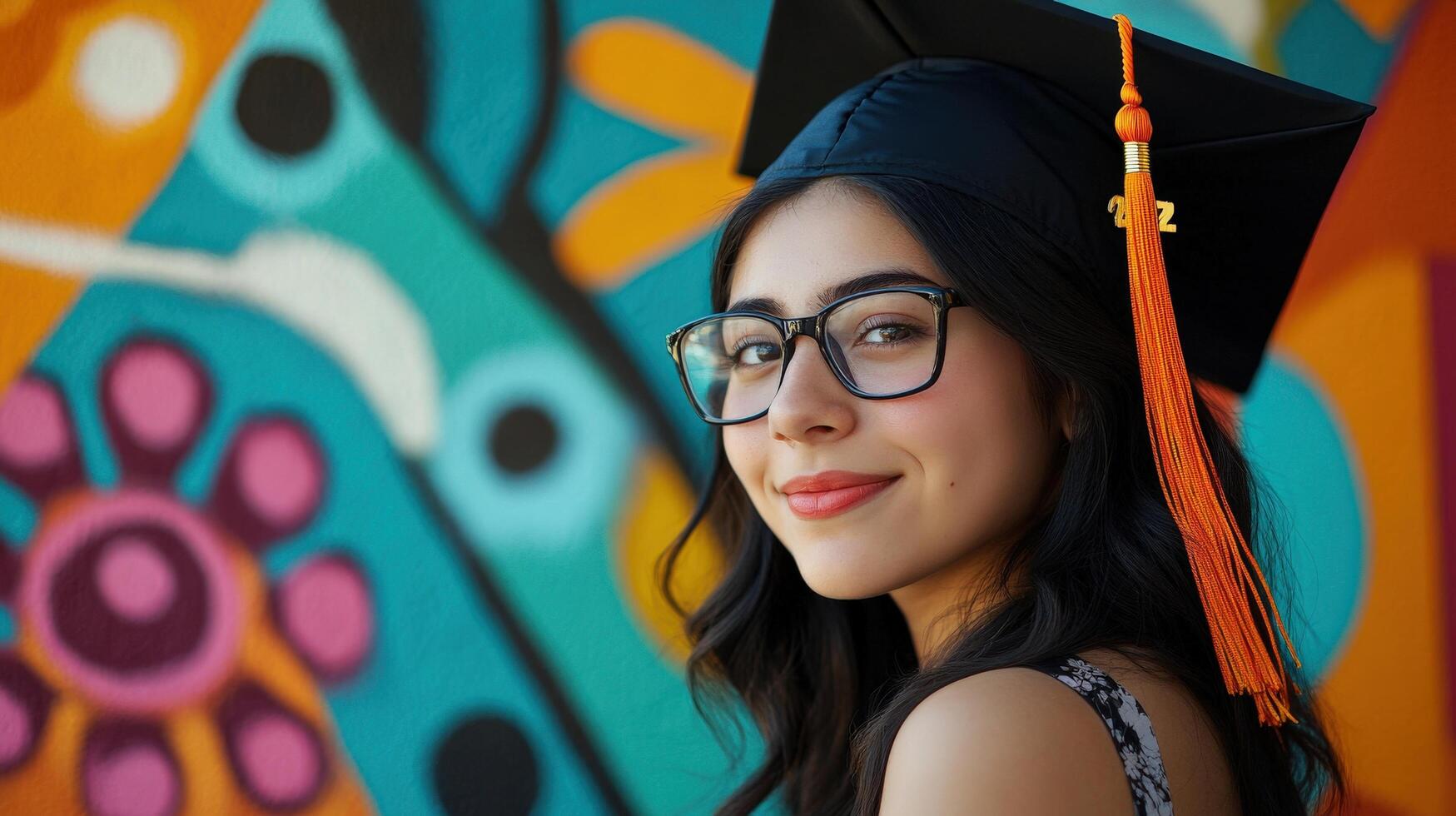 Smiling graduate posing outdoors against a vibrant mural. photo