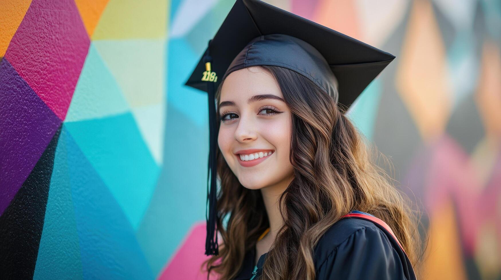 Smiling graduate in academic regalia against vibrant geometric wall art. photo