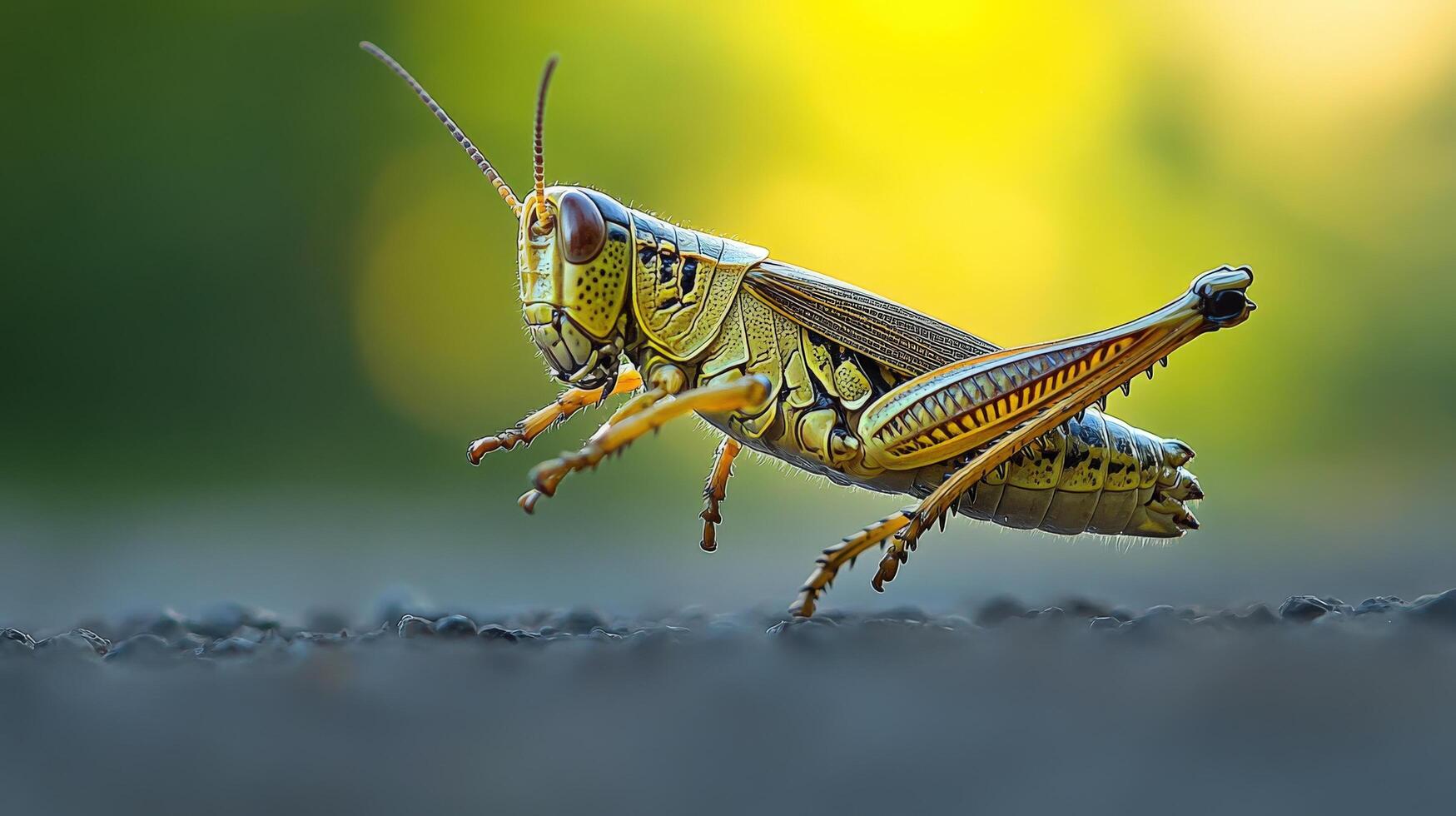Close-up of a grasshopper in motion against a blurred backdrop. photo