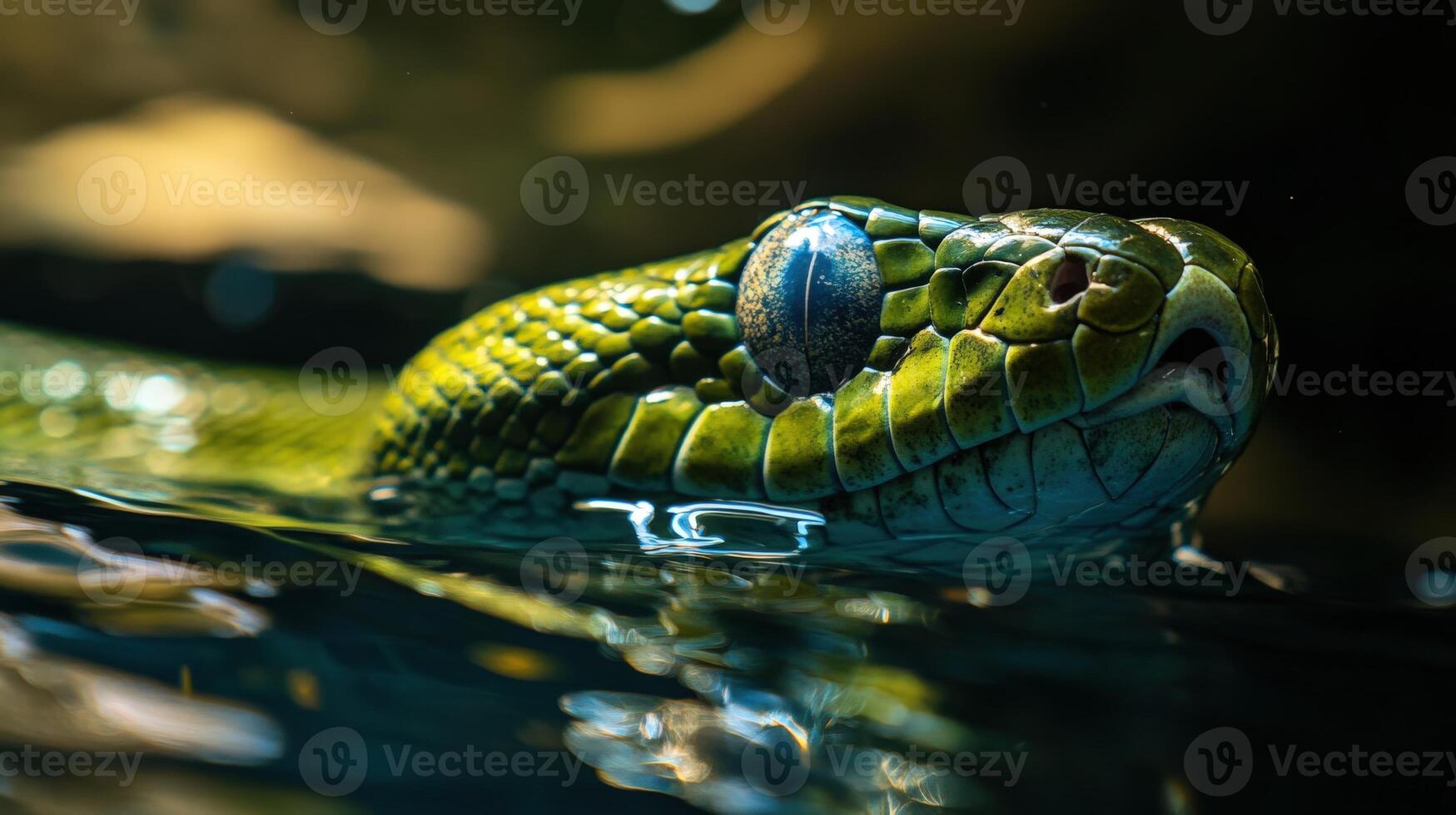Close-up view of a vibrant green snake in water. photo