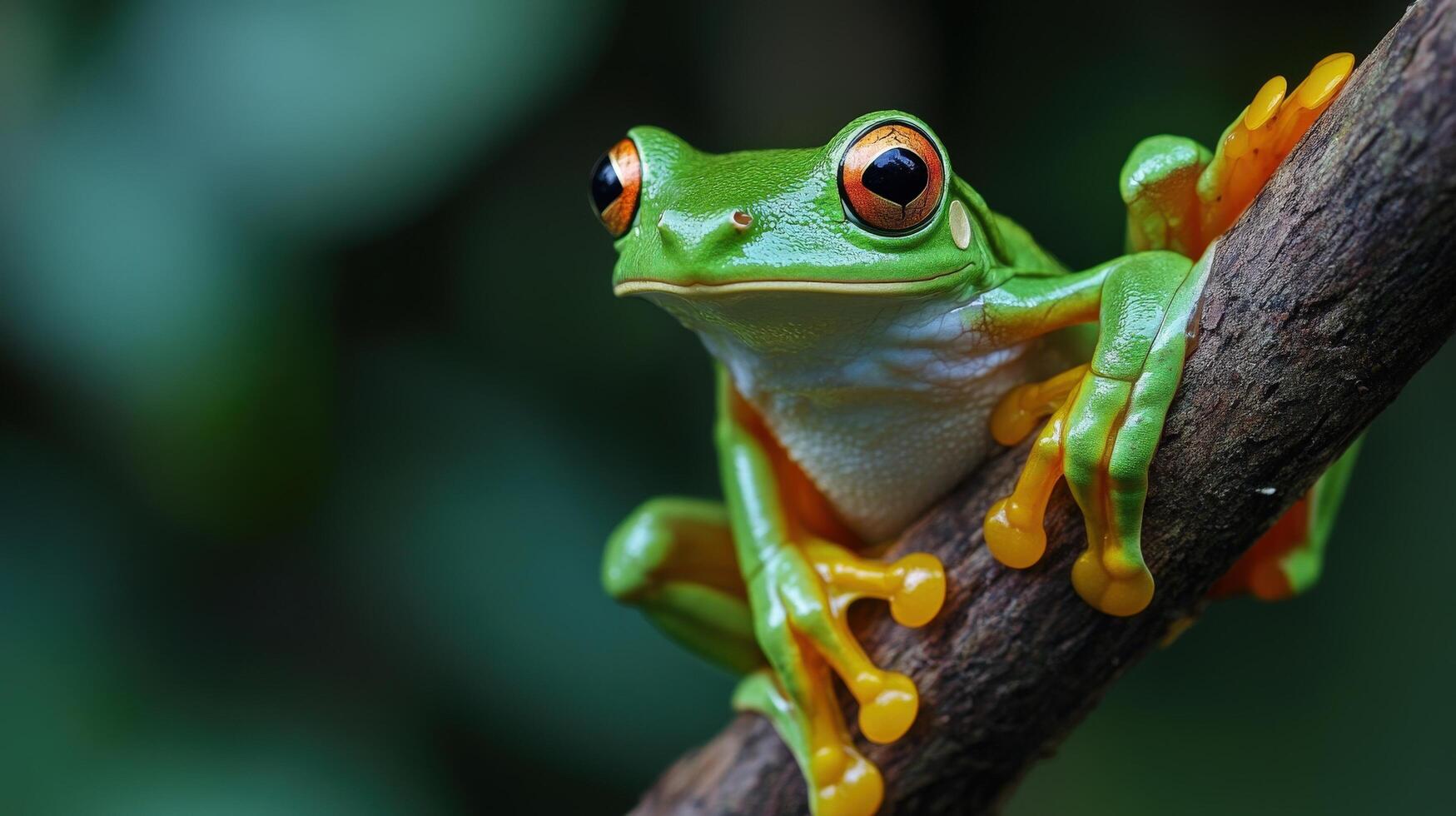 Vibrant green tree frog perched on a branch. photo
