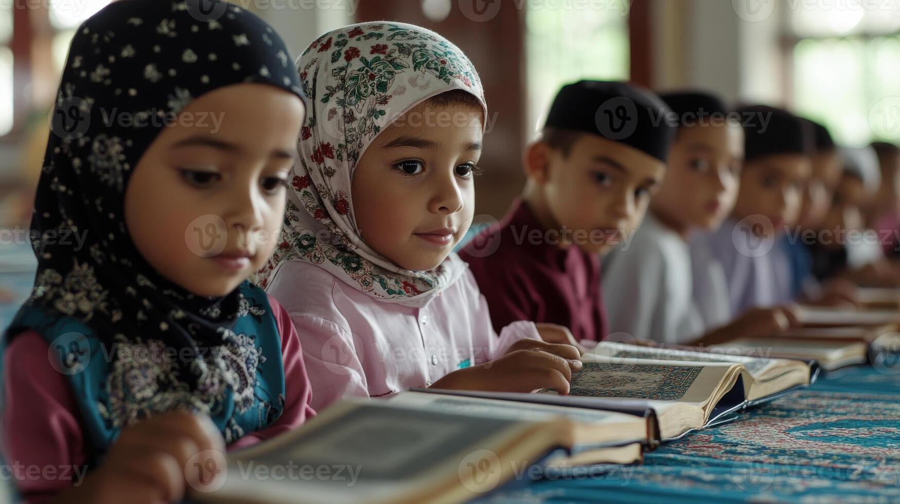 Concentrated young students engrossed in religious texts. photo