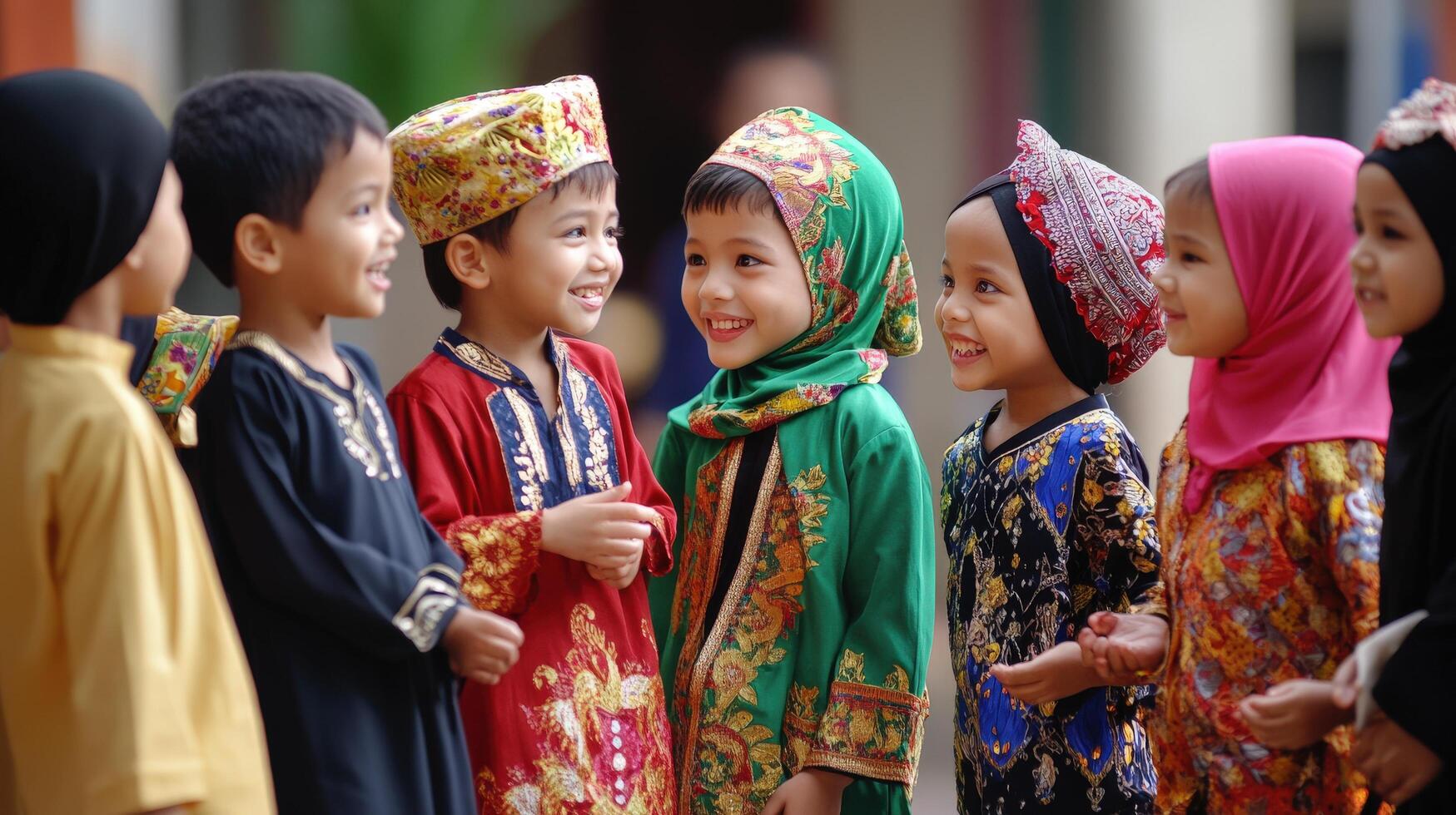 Group of children in vibrant traditional clothing, smiling and interacting. photo