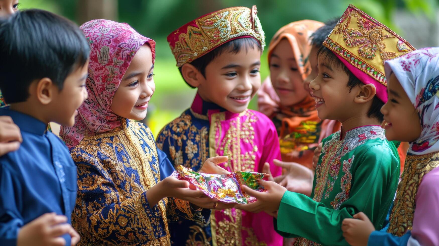 Group of young children sharing a small gift. photo