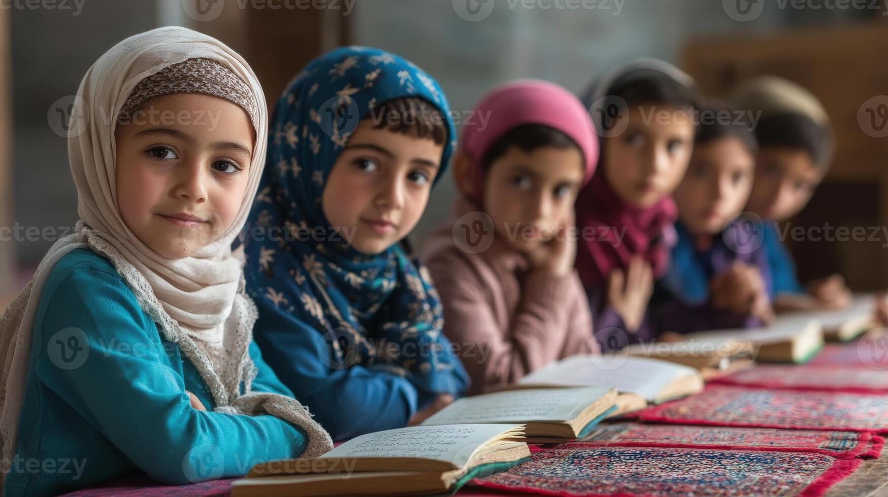 Focused children in a row studying religious texts. photo