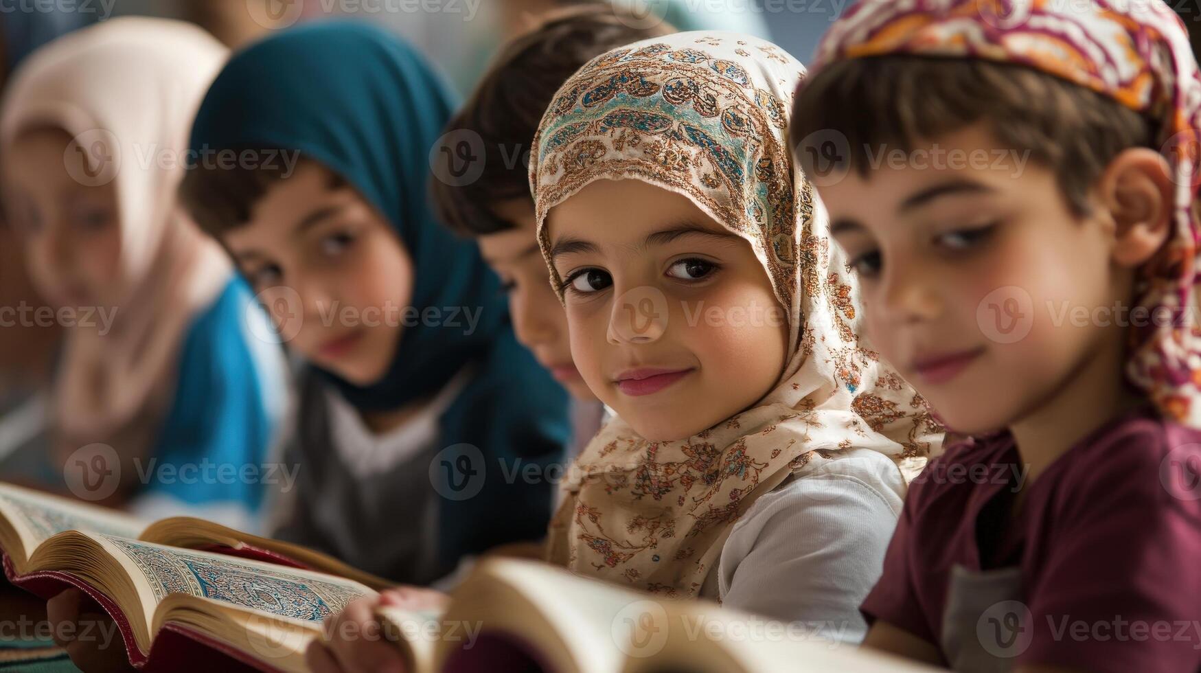 Focused children reading religious texts together. photo