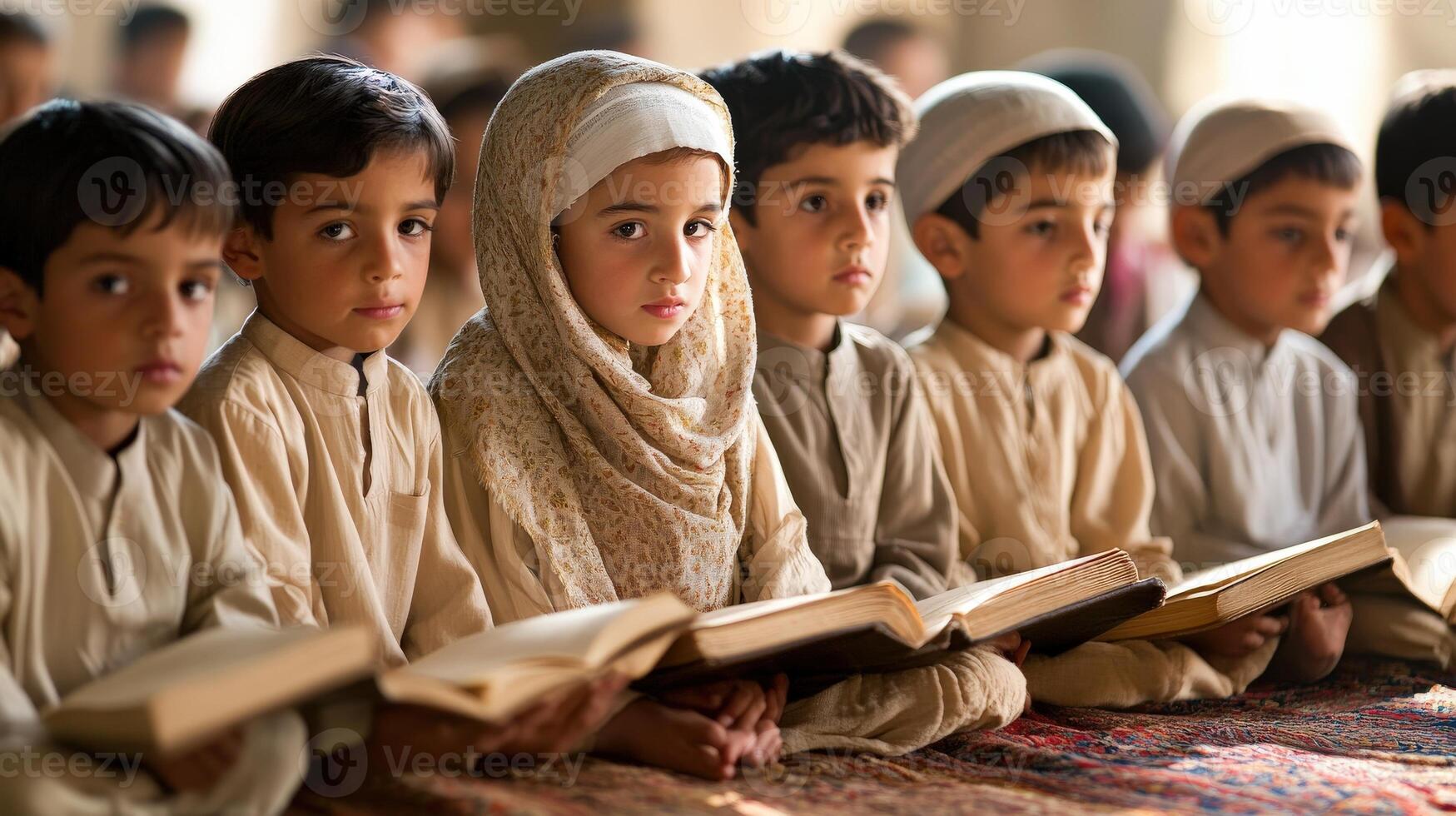 Focused children studying religious texts in a classroom setting. photo
