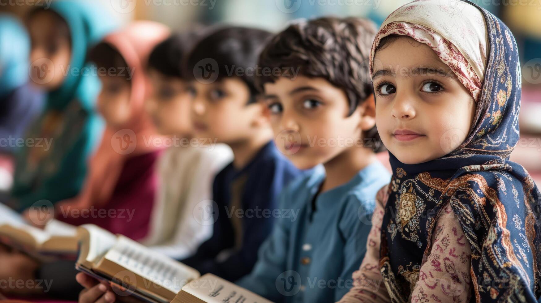 Focused young children studying religious texts in a classroom setting. photo