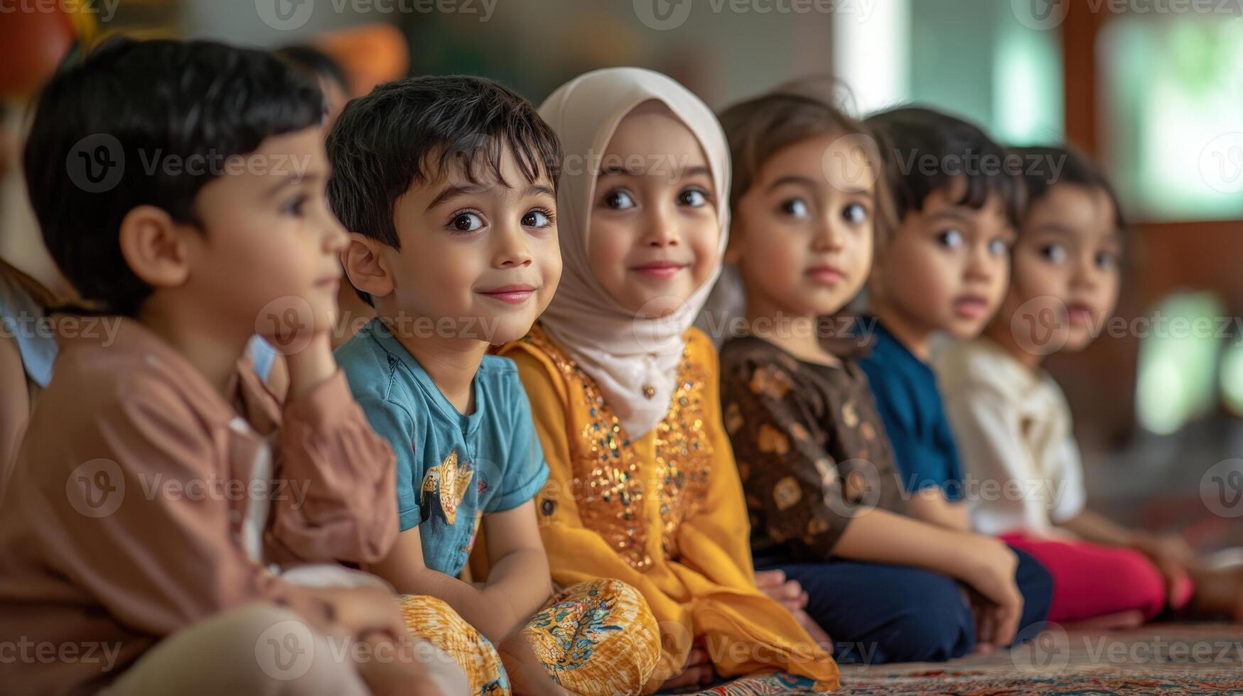 A group of children seated, attentively listening. photo