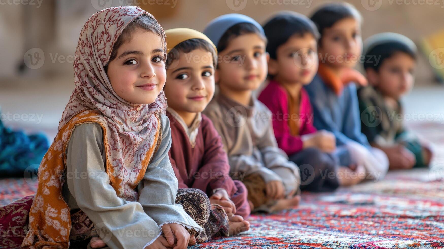 Smiling children sitting in a row on a patterned carpet. photo