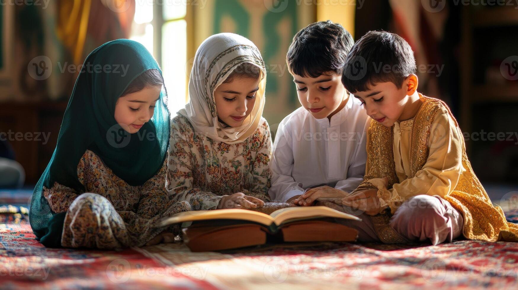 Four children engrossed in a shared religious text t photo