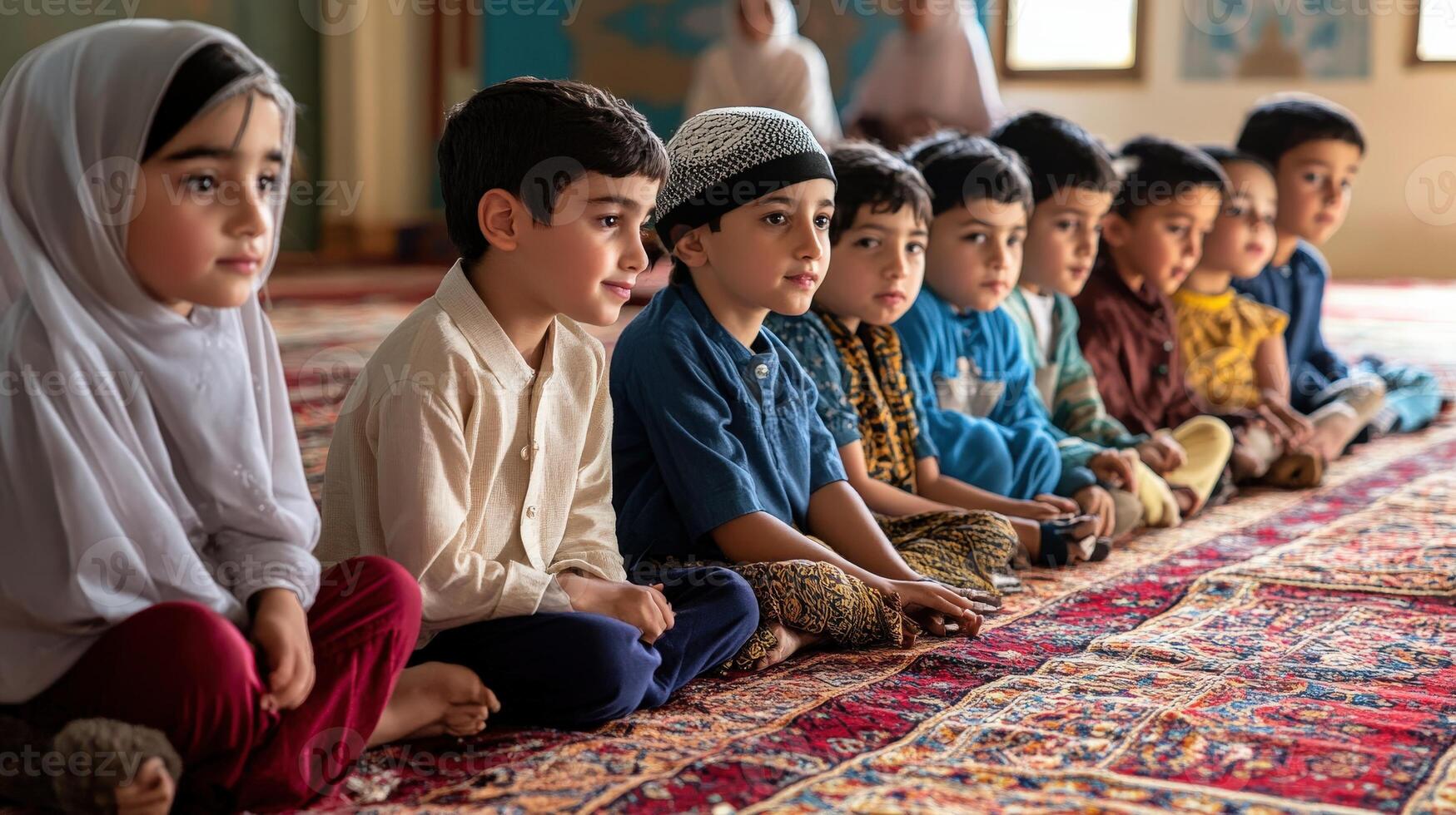 Attentive children seated in a religious school. photo