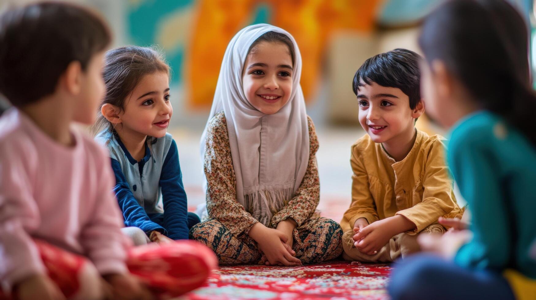Children in a group discussion inside a classroom. photo