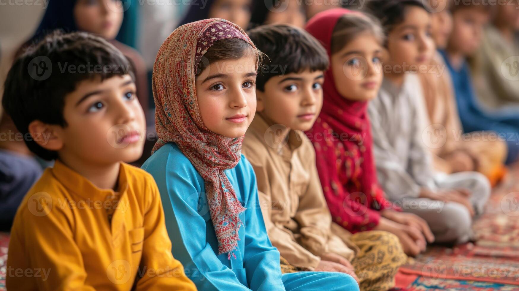 Attentive young children seated in a row. photo
