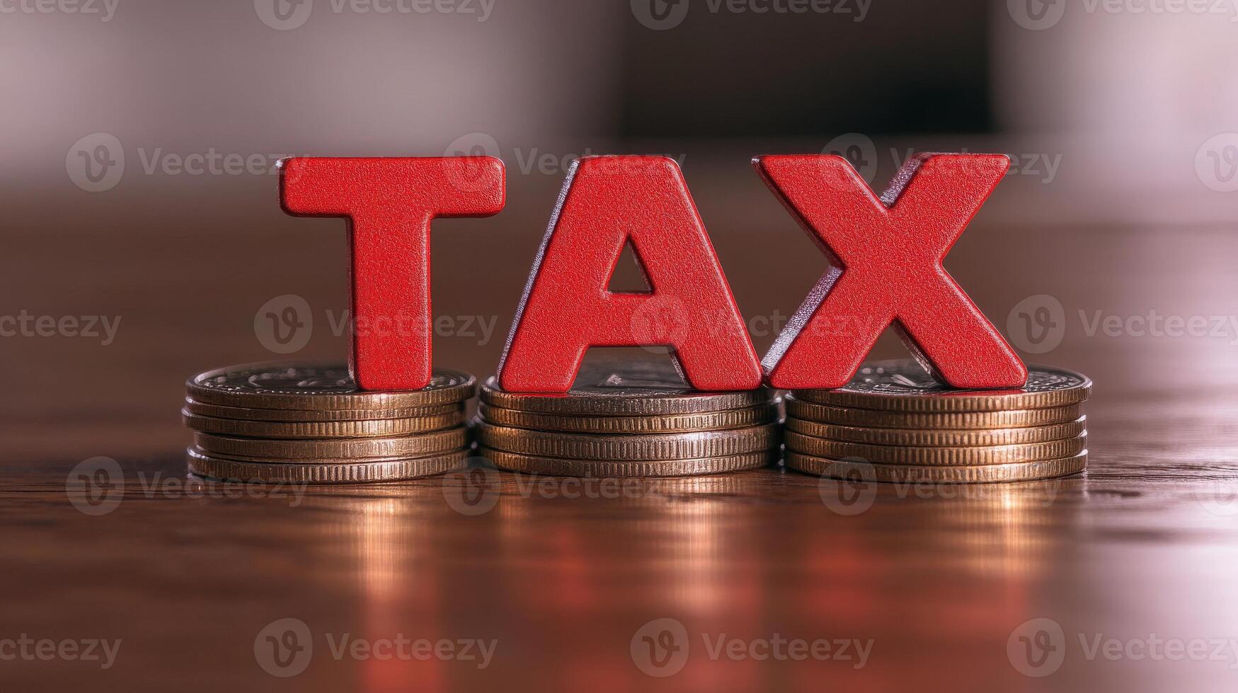 Red letters tax on stacks of coins represent financial burden photo
