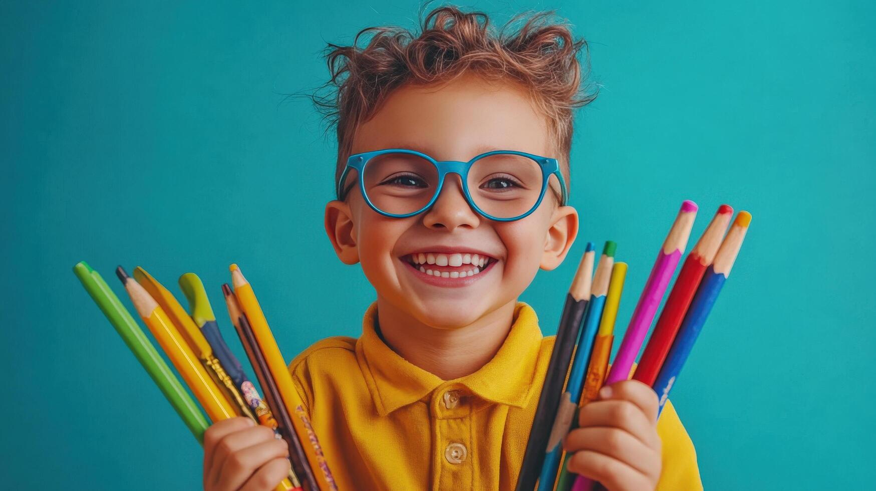 Happy Child Holding Colorful Pencils Smiling photo