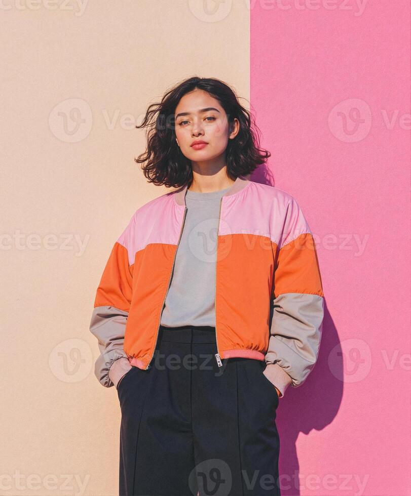 Woman in Color-Blocked Bomber Jacket and Black Trousers photo