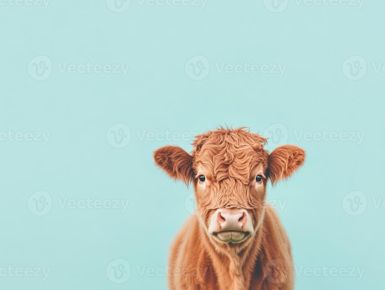 Highland Calf Portrait Against Light Blue Background photo