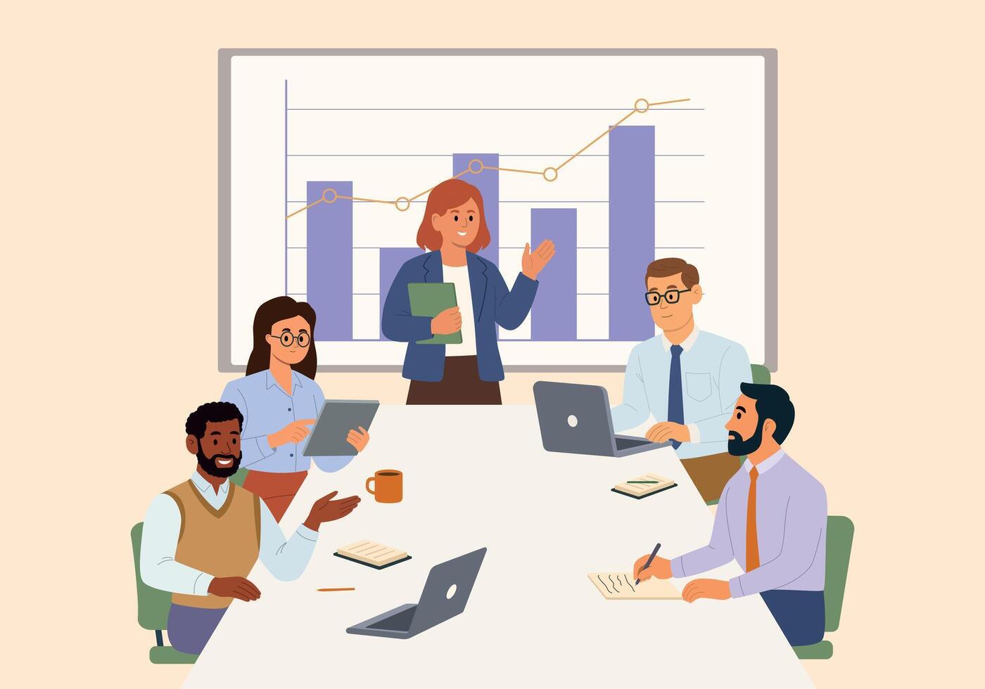 Business Discussion. A group of diverse business people having a discussion at a table with graphs vector