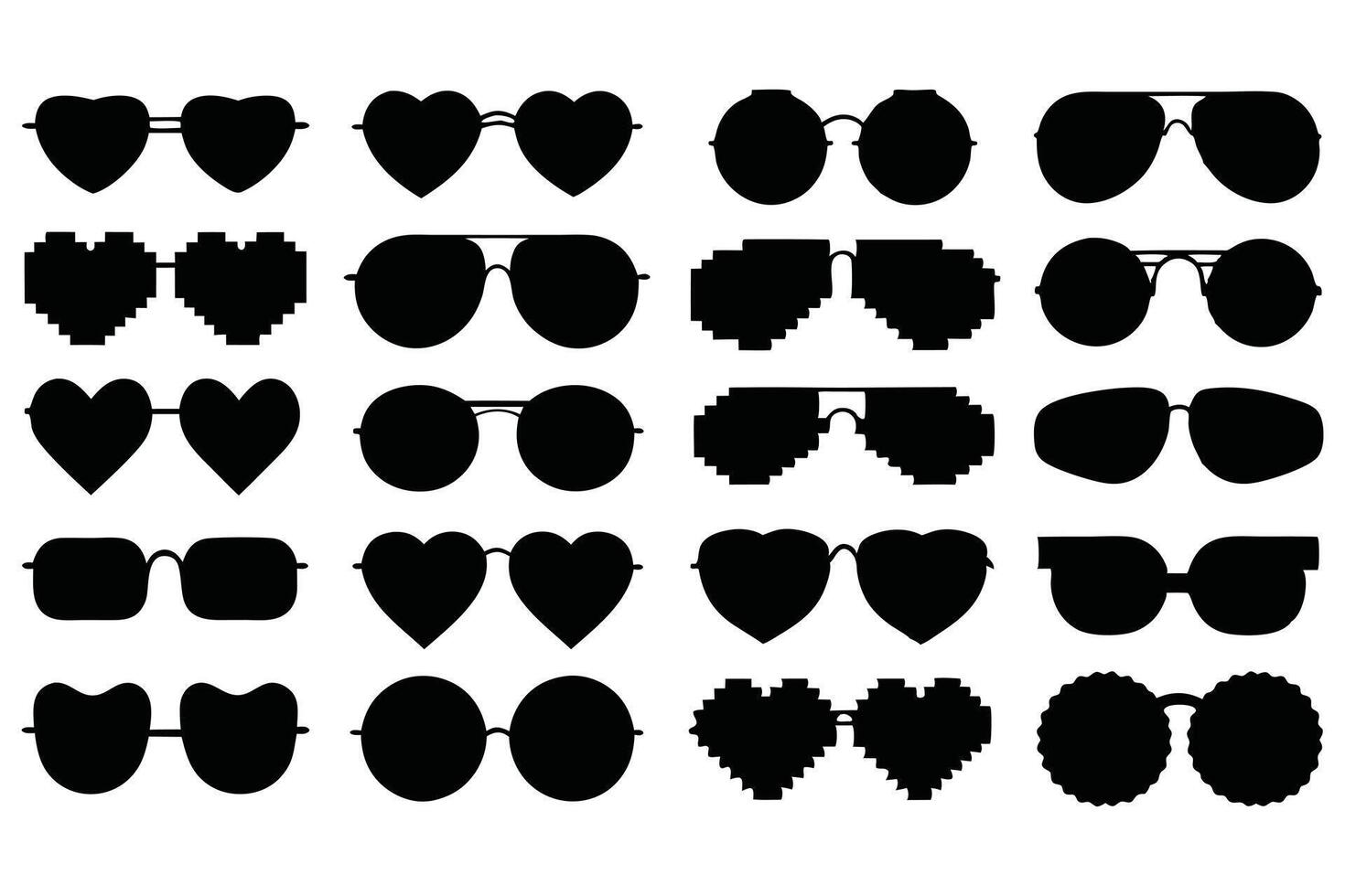 Sunglasses Silhouette Icon Set Heart, Pixel, Round, and Retro Eyewear Designs vector