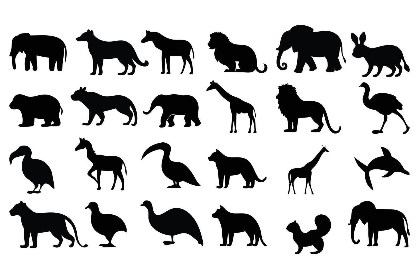 Wild Animal Silhouette Icon Set Collection of Jungle, Safari, and Zoo Creatures vector