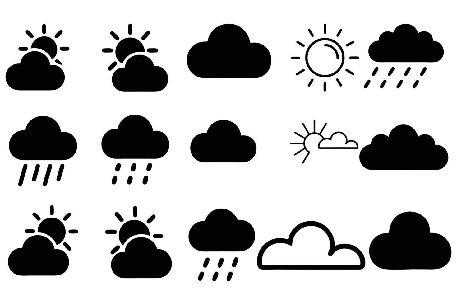 Set of Weather Icons Cloud, Sun, Rain, and Forecast Symbols in Solid and Outline Style vector