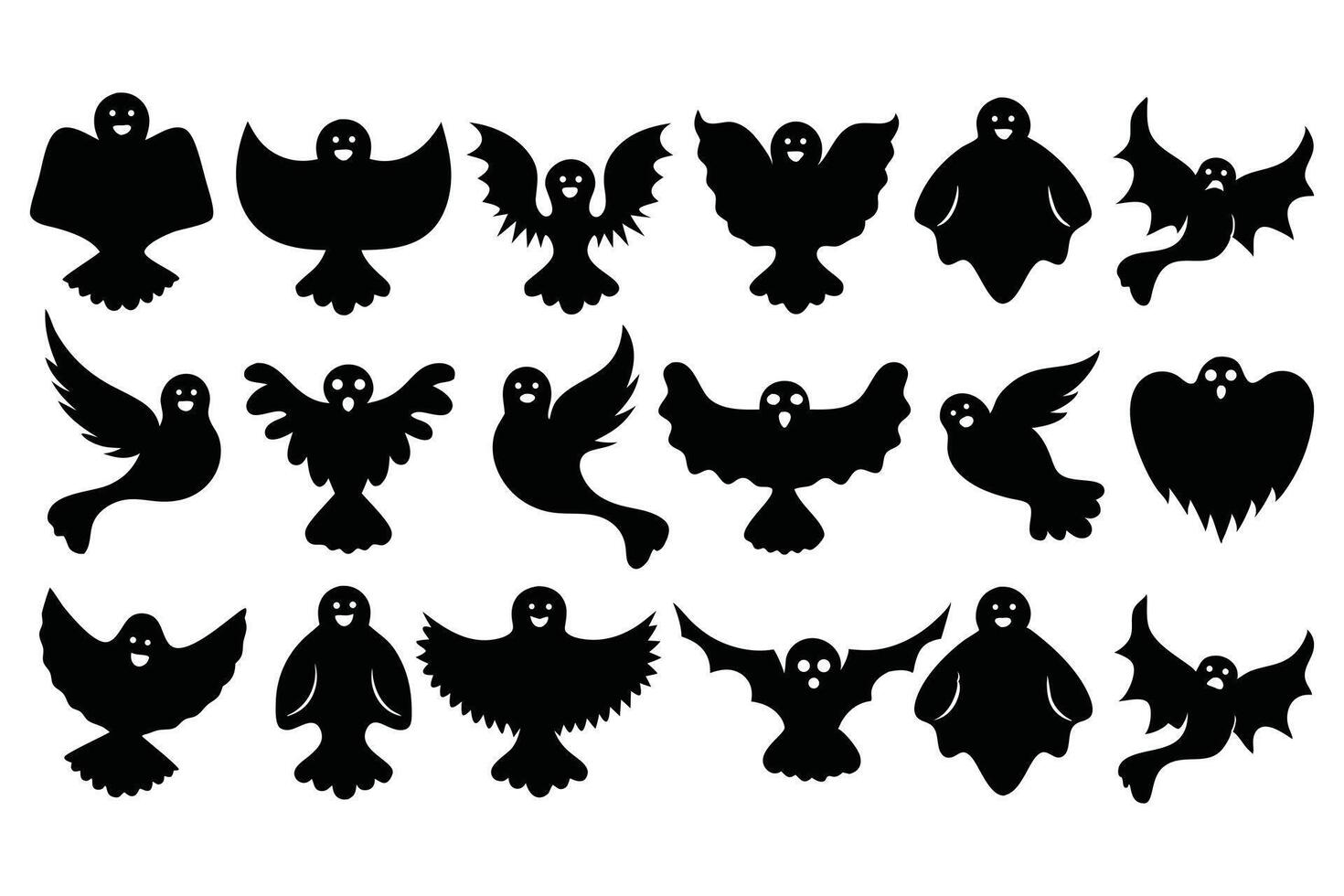 Halloween Ghost and Bat Silhouette Icon Set Spooky Flying Creatures Collection vector