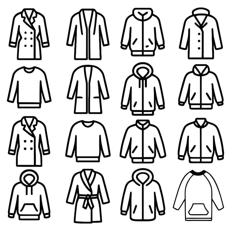 Set of Coat, Jacket, and Hoodie Outline Icons Collection of Winter Clothing and Outerwear Line Art for Fashion and Apparel Design vector