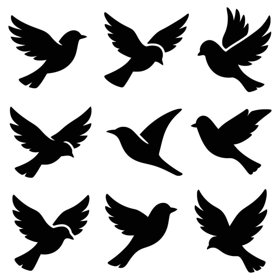 Set of Flying Bird Silhouettes Black Icons of Birds in Flight vector