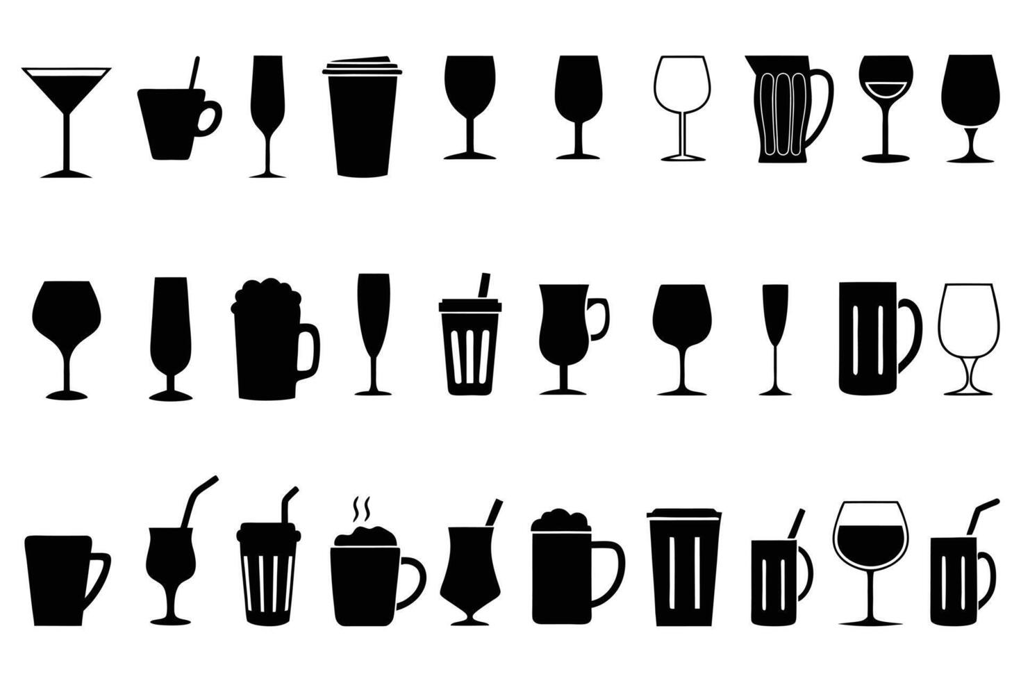 Set of Drink and Glass Silhouettes Beverage Icons Collection in Format vector