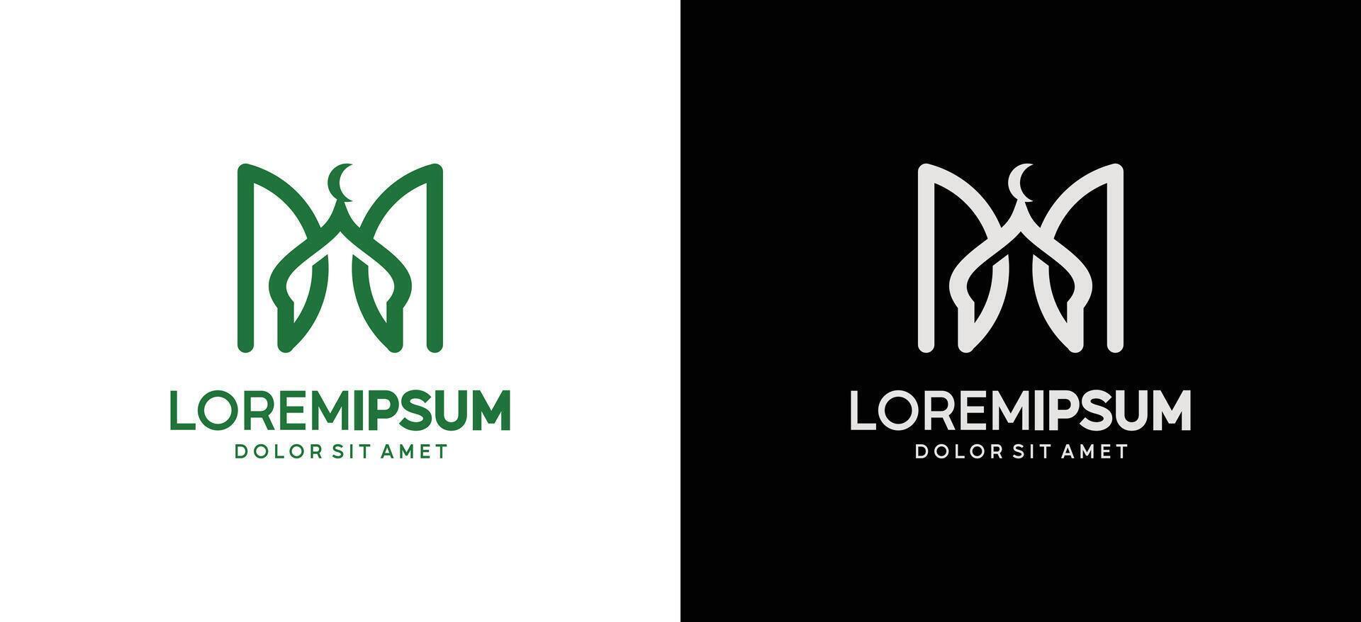 M or DD letter logo design with a mosque dome symbol in the middle in creative line art style vector