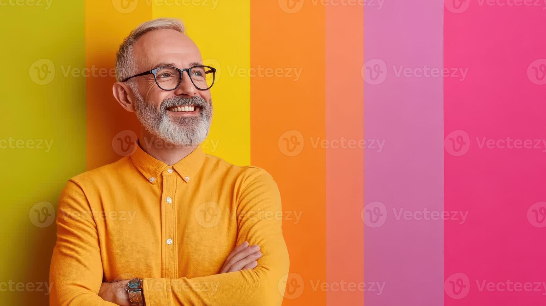 Smiling Mature Man Wearing Eyeglasses Against Colorful Backdrop with Arms Crossed photo
