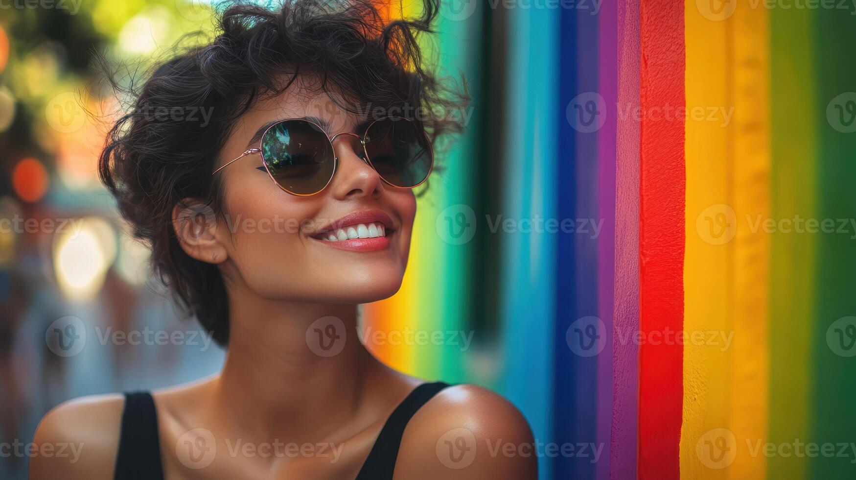 Smiling Woman With Sunglasses and Rainbow Wall Background. Confident Pose, Radiant Smile photo