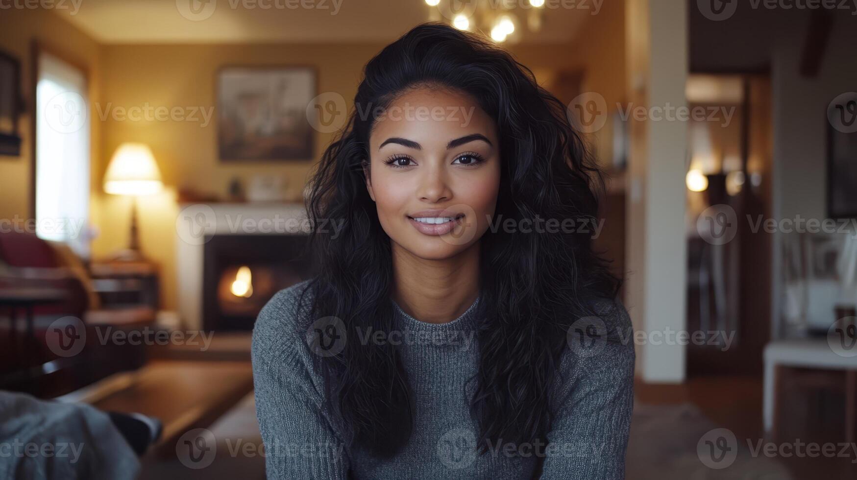 Smiling Young Woman Portrait Near Fireplace, Relaxing At Home, Cozy, Indoors photo