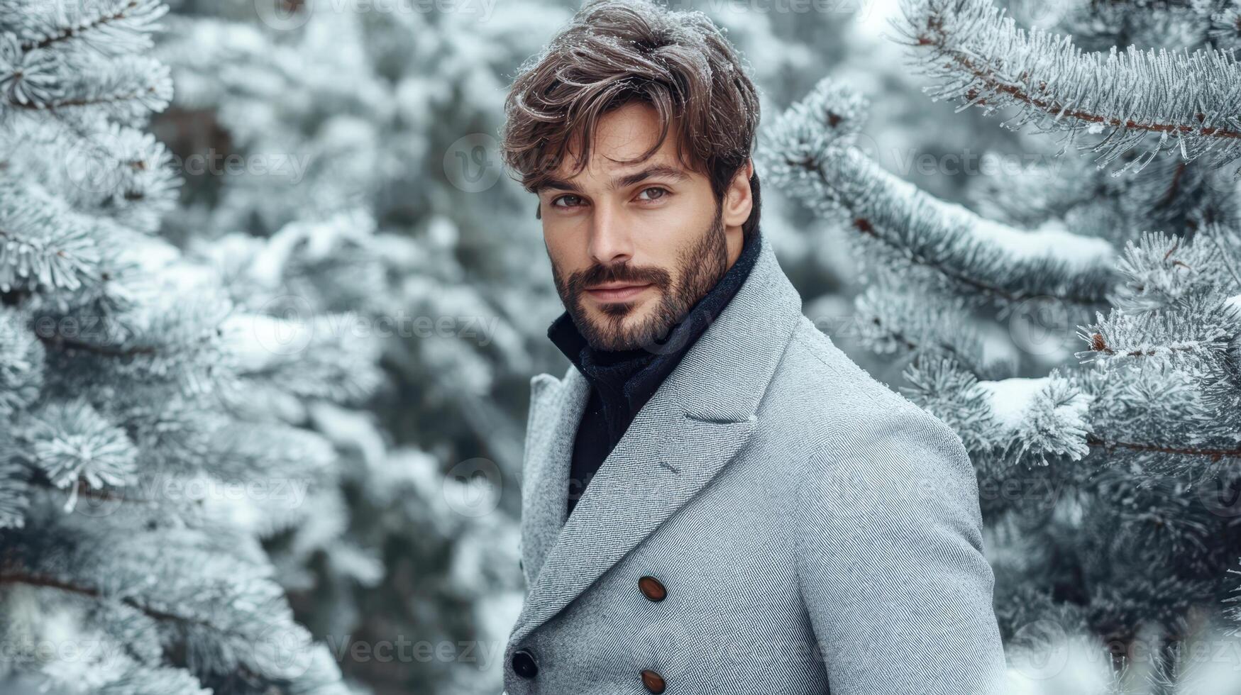 Winter Portrait. Handsome Man in Grey Coat in Snowy Forest. Charming Look. photo