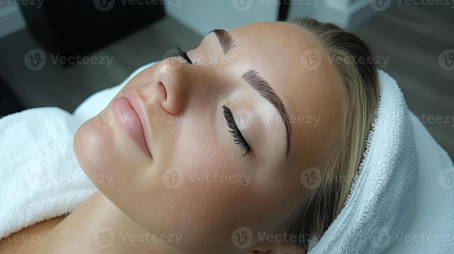 Beautiful Woman Relaxing with Fluffy Eyebrows and Eyelashes Treatment in Salon photo