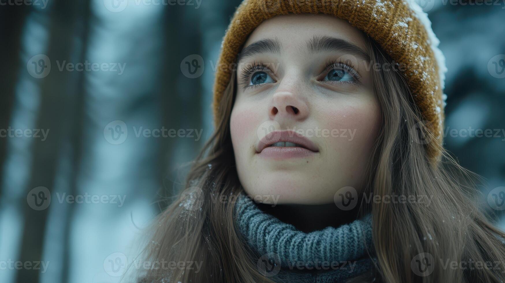 Woman In Beanie Looking Upward, Embracing Winter's Beauty and Serenity photo