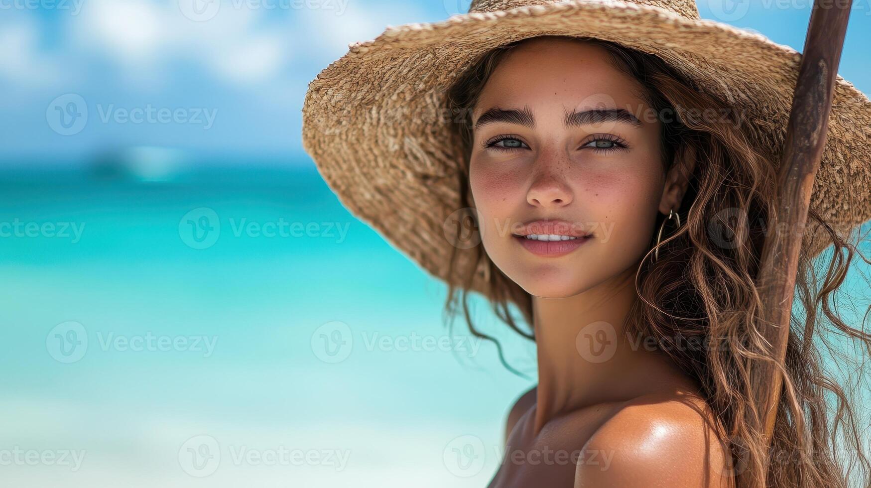 Smiling Woman Wearing Straw Hat on Beach with Turquoise Water View. photo