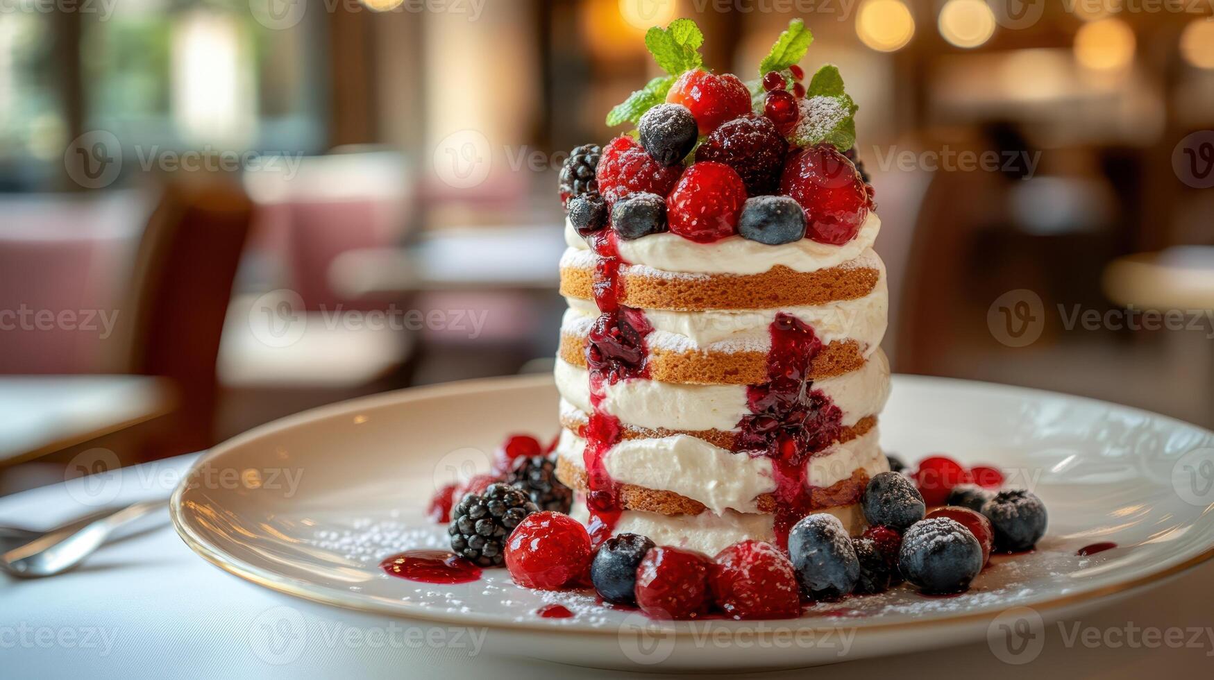 Delicious Berry Cake with Cream, Mint, and Red Glaze. Sweet Dessert Delight photo