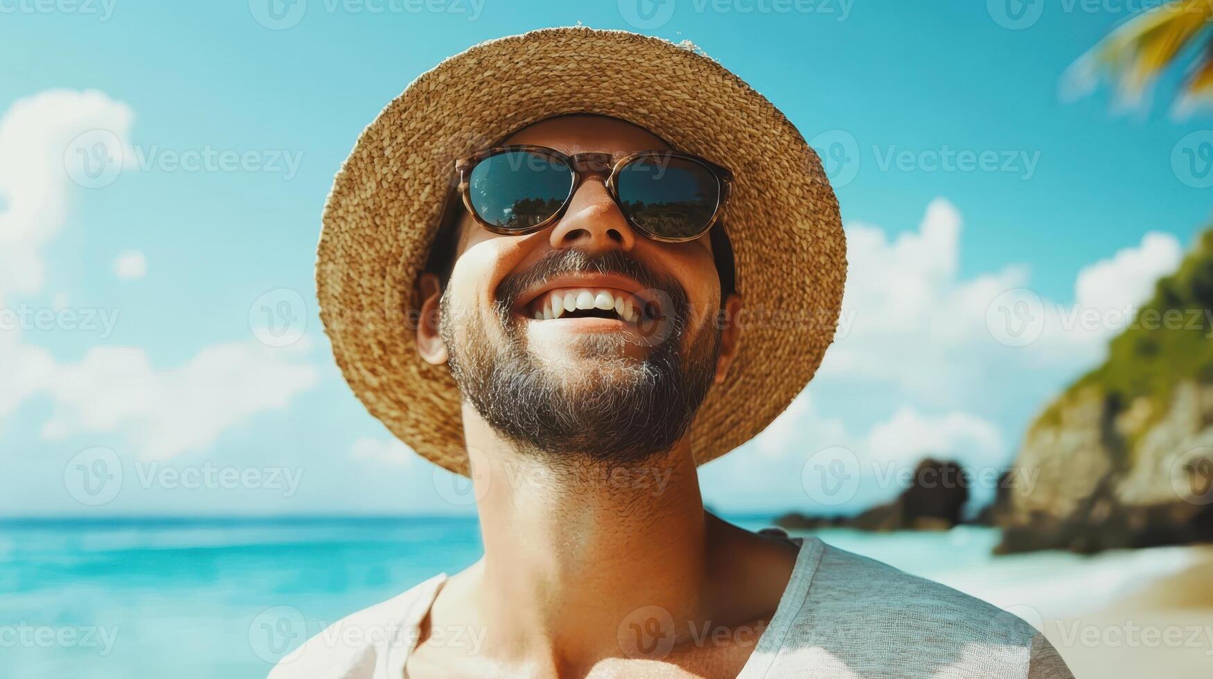 Smiling Man with Hat and Sunglasses Enjoying Beach Holiday Under Blue Sky photo