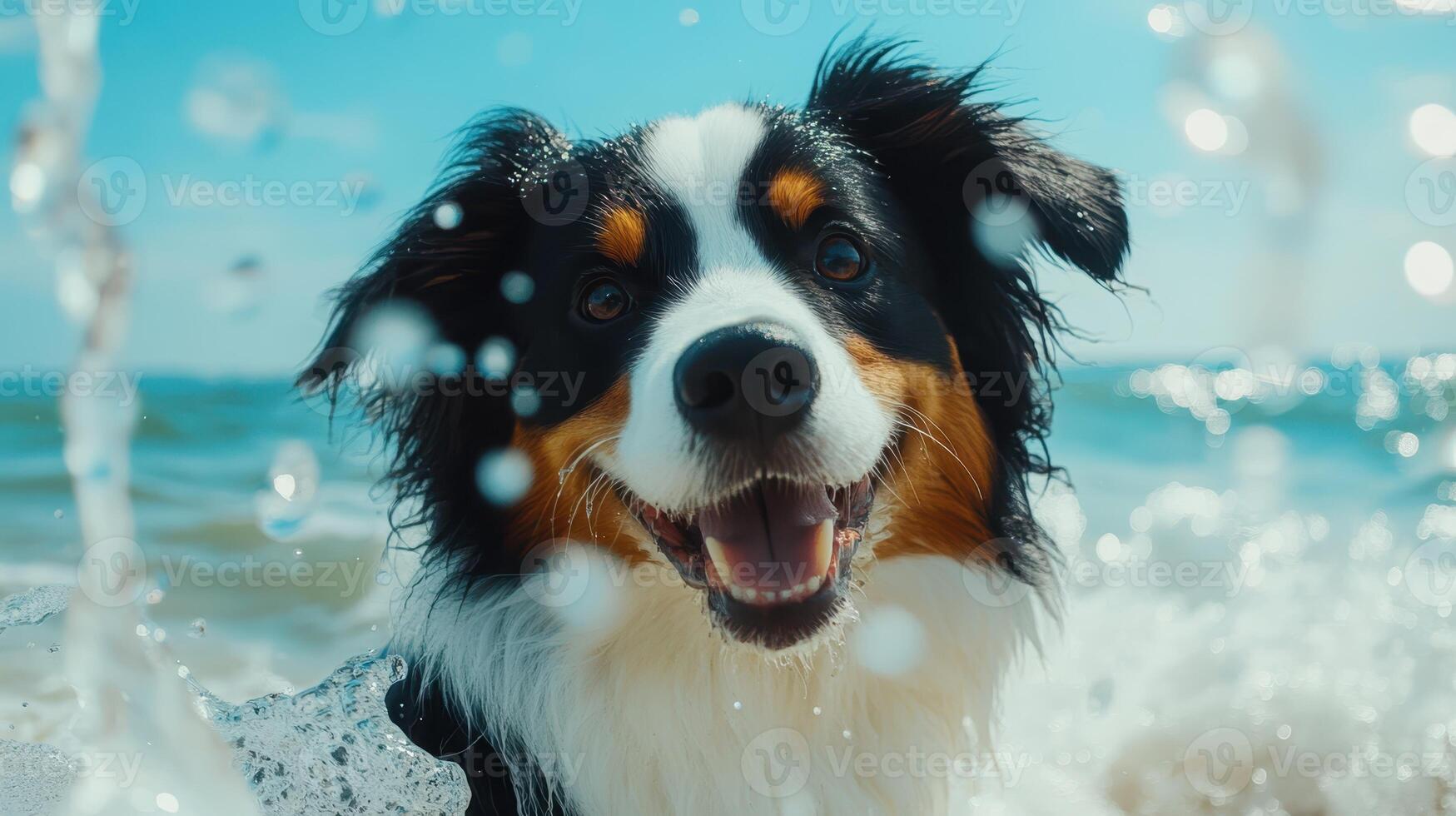 Happy Dog Splashing in Water. Playful Pet Enjoying Beach Fun, Ocean Adventure photo