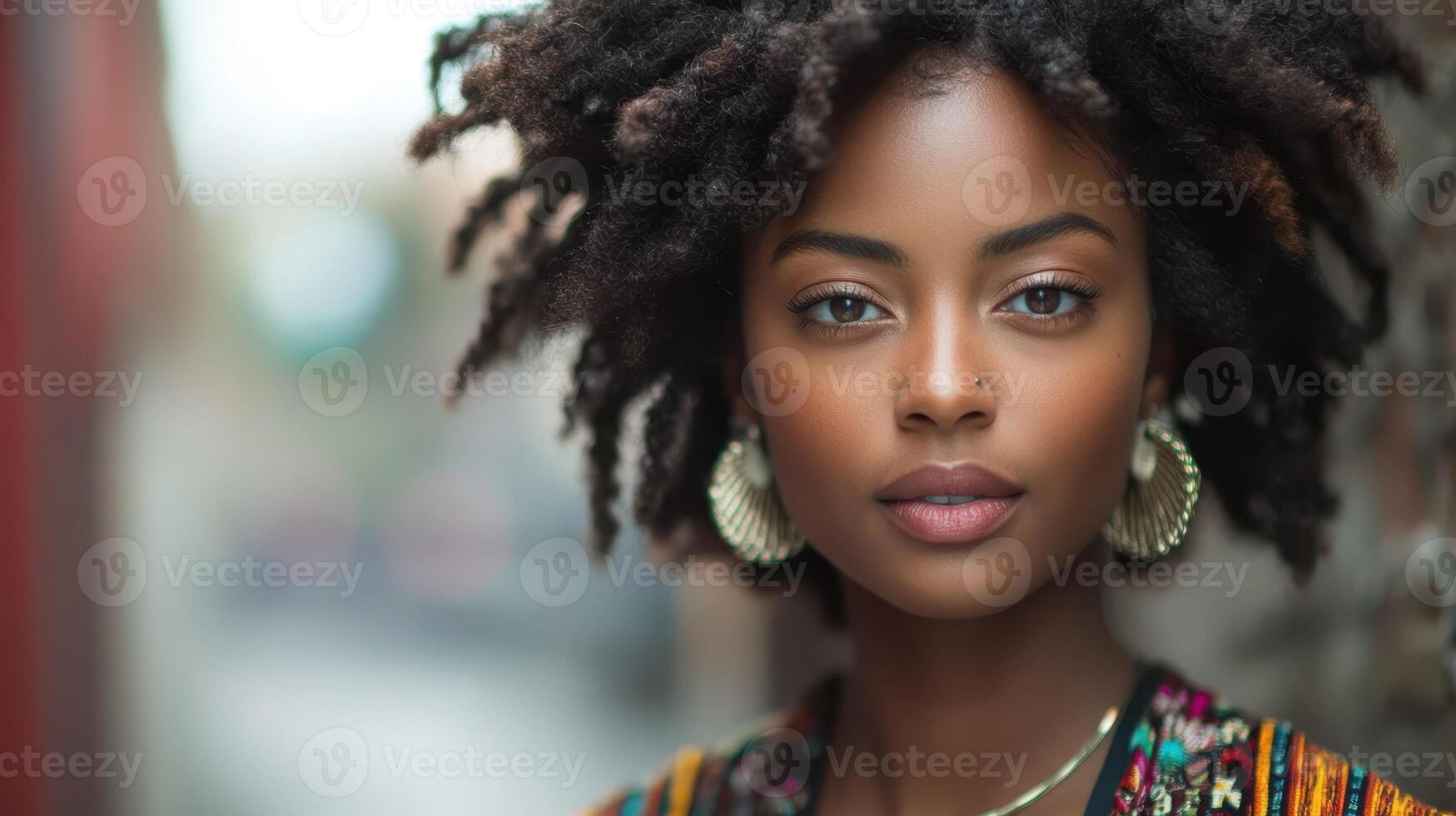 Beautiful African American Woman Portrait with Natural Hair and Glowing Skin Beauty photo